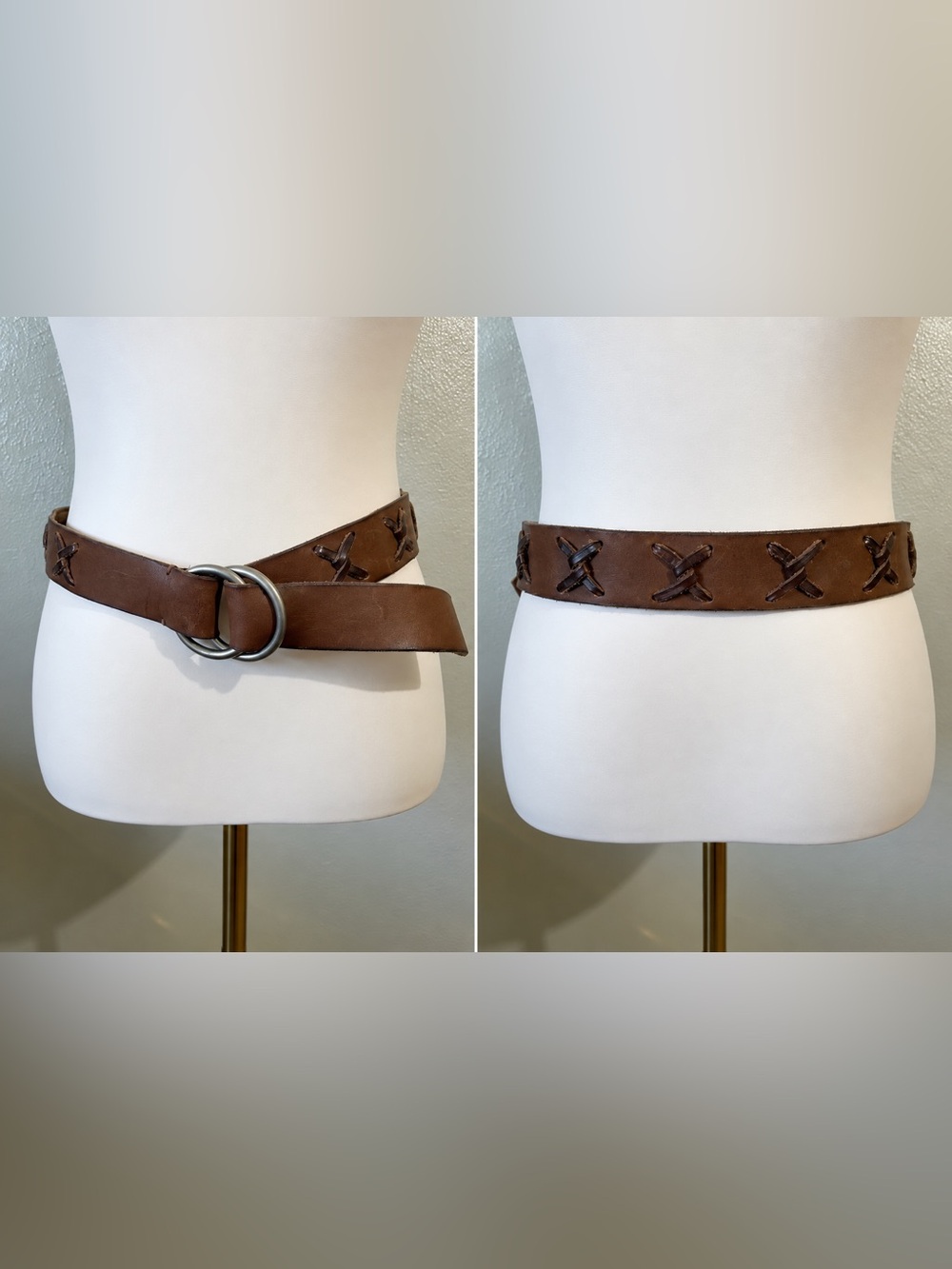 Boho Western Leather Ring Belt Zigzag Stitch Brown Medium Buckle Southwestern